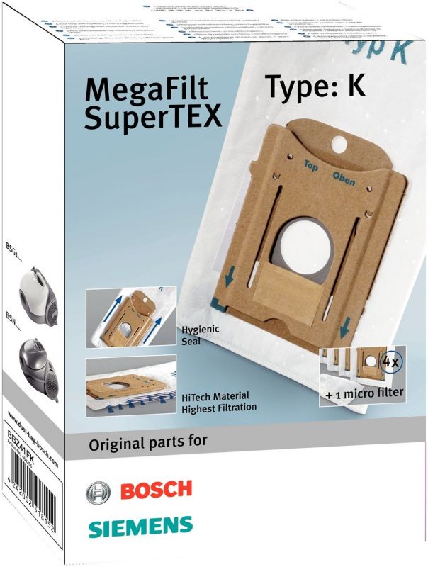 Змінний мішок-пилозбірник Bosch BBZ41FK - MegaAir SuperTEX/4 шт+ мікрофільтр(для BSN1/BSG1, тип К)
