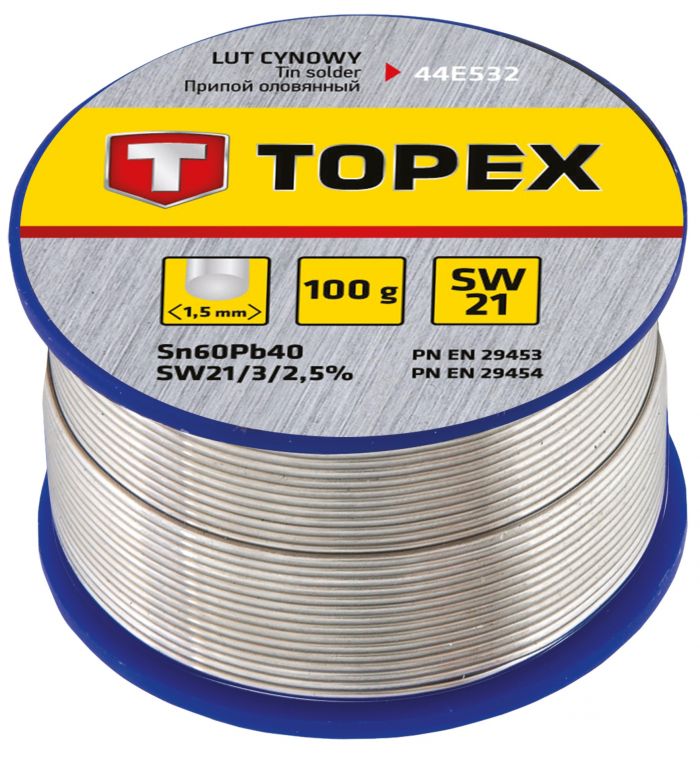 Припій олов'яний TOPEX, Sn60Pb40, флюс SW21, дріт 1.5 мм, 100 г