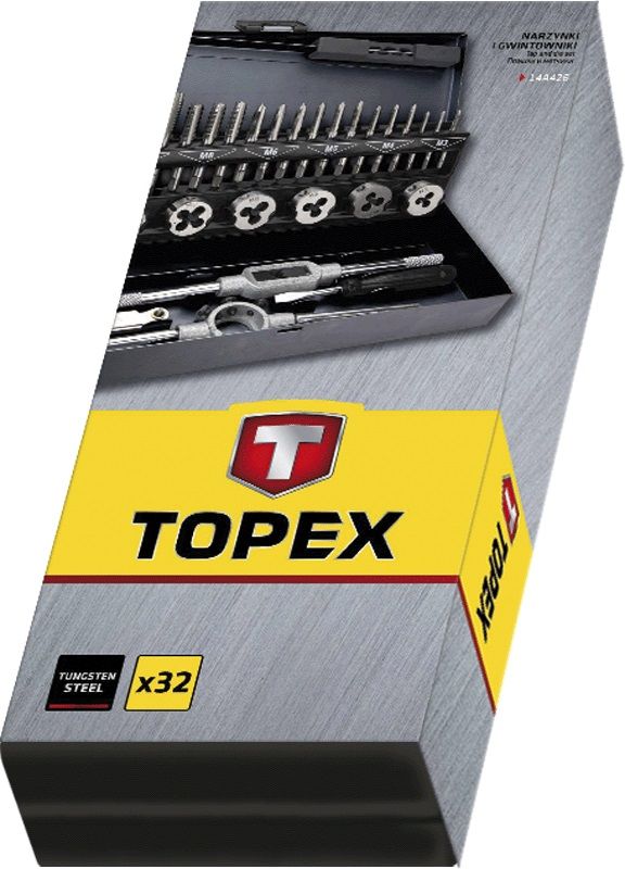 Плашки та мітчики TOPEX, набір 32 од., M3-M12, вольфрамова сталь, кейс