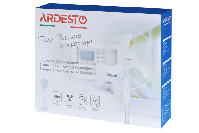 Вентилятор підлоговий Ardesto FN-1608RW 40 см, 45 Вт, опора кругла, білий