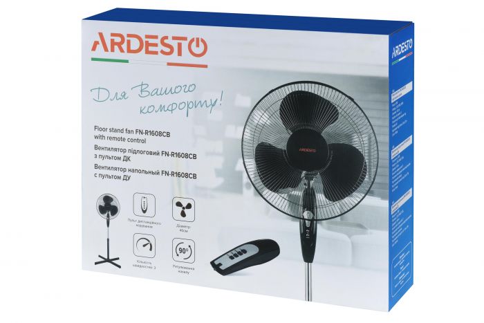 Вентилятор підлоговий Ardesto FN-R1608CB, 40 см, 45 Вт, опора хрестова, таймер, пульт ДК, чорний