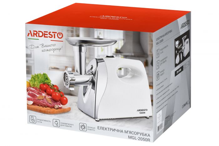 М`ясорубка Ardesto MGL-2050R -1800Вт/2кг-хв/томат. соковиж./білий-нерж.сталь