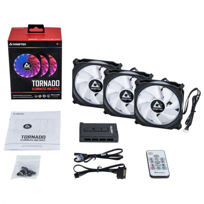 Набір корпусних вентиляторів CHIEFTEC TORNADO 3in1 ARGB fan,3x120мм,1200об/хв,6pin,16dBa+Fan hub+ПДК