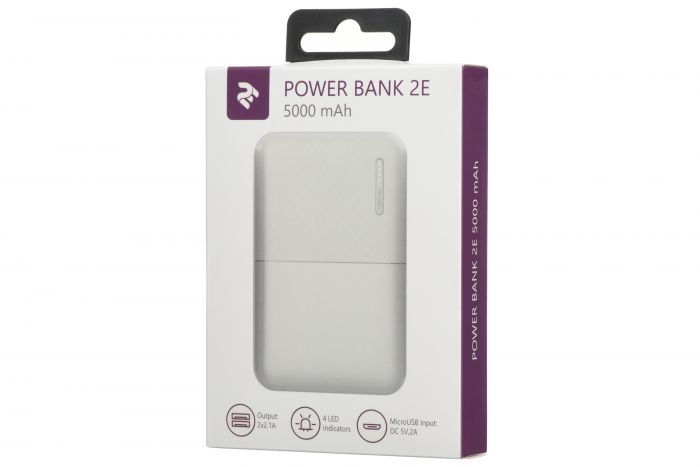 Портативний зарядний пристрій Power Bank 2E 5000mAh, DC 5V, 2.1A, 4 LED indicator, white