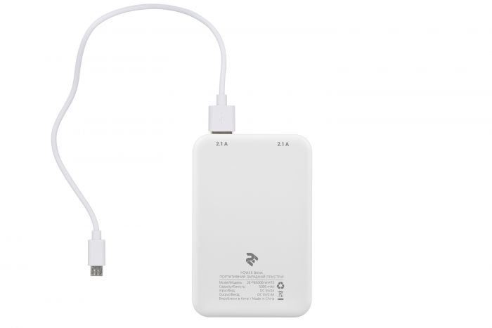 Портативний зарядний пристрій Power Bank 2E 5000mAh, DC 5V, 2.1A, 4 LED indicator, white