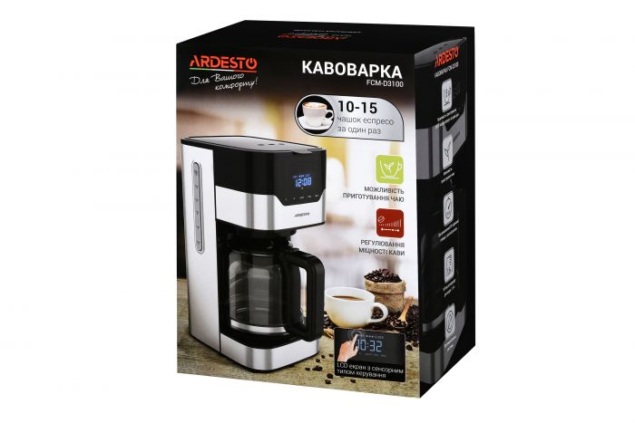 Кавоварка Ardesto FCM-D3100 - 900Вт/крапельна/1.5л/ дисплей/таймер/рег. міцності/ метал+чорн.