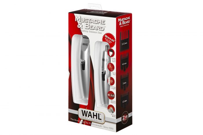 Тример WAHL Mustache & Beard, для бороди і вусів, 3хАА, роторний мотор, насадок-4, тример для носа, підставка, сталь, сірий