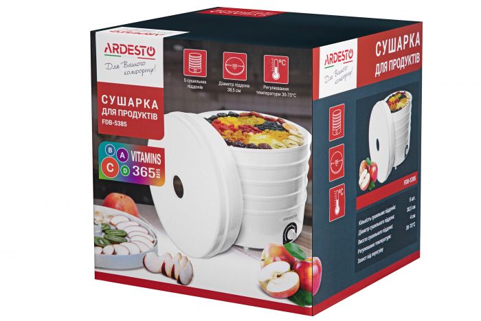 Сушка для продуктів Ardesto FDB-5385 - 520Вт/ 5 піддонів вис. 4см/ діаметр 38,5см/ рег. темп./ біла