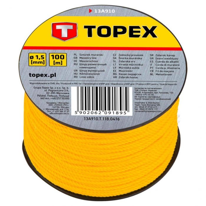 Шнур розмічальний TOPEX, 1.8мм х 100м, пластмаса, на котушці