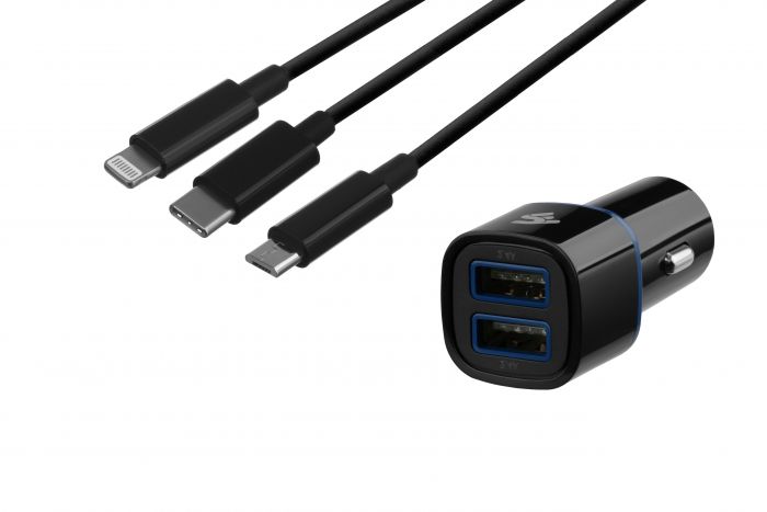 Набір Автомобільний ЗП 2Е 2хUSB 2.4A + кабель 3в1 Lightning/microUSB/Type-C) Black