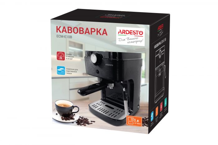 Кавоварка Ardesto ECM-E10B-1633 Вт/ріжкова/ резервуар 1л/чорний+метал