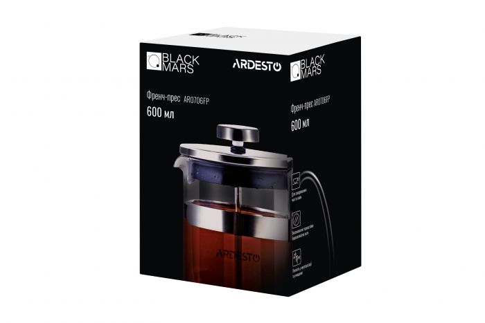 Френч-прес Ardesto Black Mars, 600 мл, нержавіюча сталь, скло