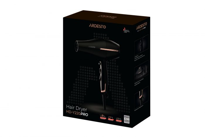 Фен Ardesto HD-Y220PRO/1850-2200Вт/2 швидкості/3 темп.режима/дифузор/чорний+золото