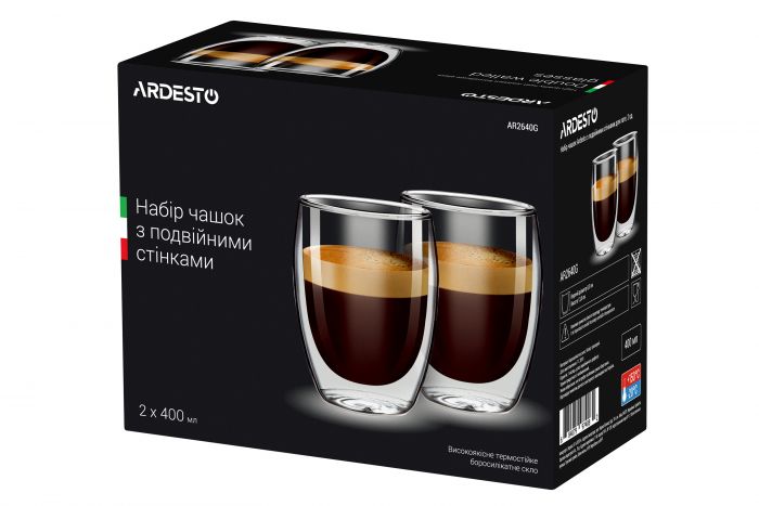 Набір чашок Ardesto з подвійними стінками, 400 мл, H 13,5 см, 2 од., боросилікатне скло