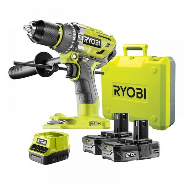 Ryobi Шуруповерт-дриль RONE+ R18PD7-220B, 18В, ударний, безщітковий, 85Нм, 2х2.0Ач