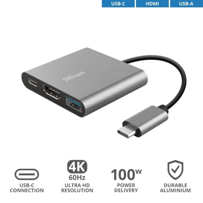 USB-хаб Trust Dalyx 3-in-1 Multiport USB-C Adapter ALUMINIUM