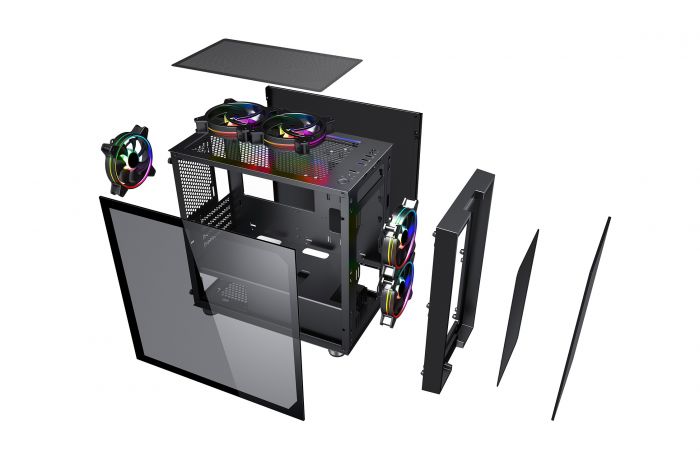 Корпус 2E GAMING CLARUS (GM5) MiniT, 2xUSB2.0,1xUSB3.0, 2x140мм ARGB,1x120мм ARGB, скло (передня/бічна панель),без БЖ,чорний