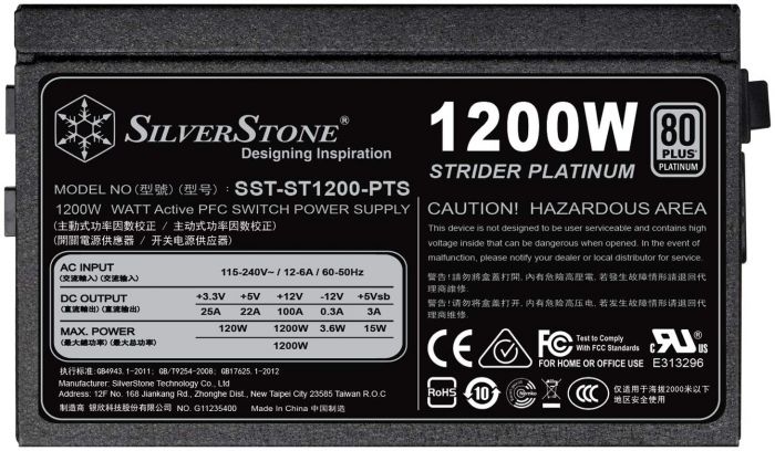 Блок живлення SilverStone STRIDER ST1200-PTS(1200W), 80+Platinum, aPFC, 12см, 24+2x8, 8xSATA, 8xPCIe, +6, модульний