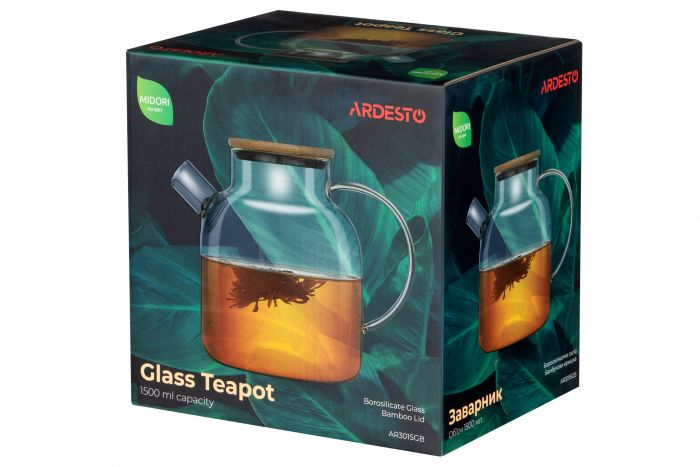 Заварник Ardesto Midori, 1500 мл, боросилікатне скло, бамбук