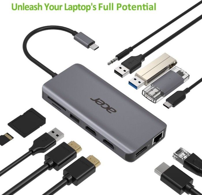 Док-станція Acer 12in1 Type C dongle: 2xUSB3.2, 2xUSB2.0, 1xSD/TF, 2xHDMI, 1xPD, 1xDP, 1xRJ45, 1x3.5 Audio