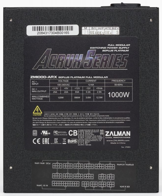 Блок живлення Zalman Acrux 1000-ARX (1000W), 100-240VAC, 94%, 80+Platinum, aPFC, 135мм, MB24, CPU(4+4,8), 12xSATA, 6xPCIe, 8xMOLEX, 1xFDD, modular, OCP, OVP, UVP, SCP, OPP, OTP