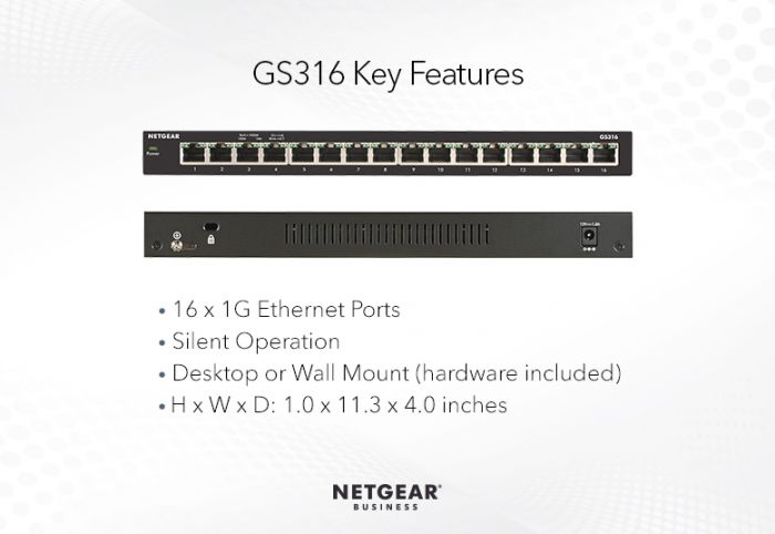 Комутатор NETGEAR GS316 16xGE, некерований