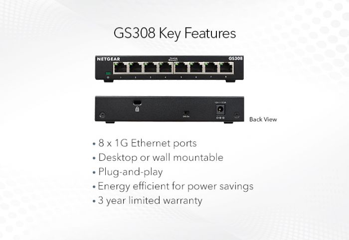 Комутатор NETGEAR GS308 8xGE, некерований