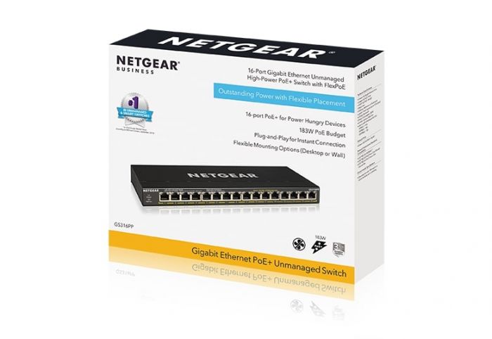 Комутатор NETGEAR GS316PP 16xGE PoE+ (183Вт), FlexPoE, некерований