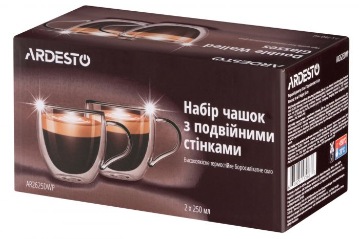 Набір чашок з ручками Ardesto з подвійними стінками, 250 мл, 2 од., боросилікатне скло