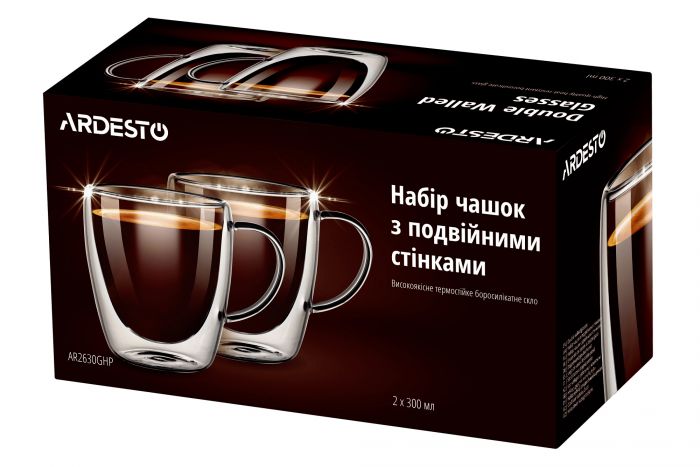 Набір чашок з ручками Ardesto з подвійними стінками, 300 мл, H 10,5 см, 2 од., боросилікатне скло