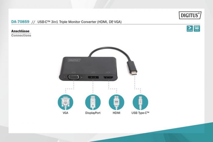 Адаптер DIGITUS USB-C - HDMA+DP+VGA, M/F, 0.11 m