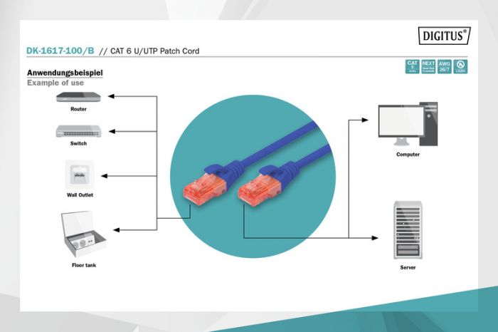 Патч-корд DIGITUS CAT 6 UTP, 10м, AWG 26/7, Cu, LSZH, синього кольору