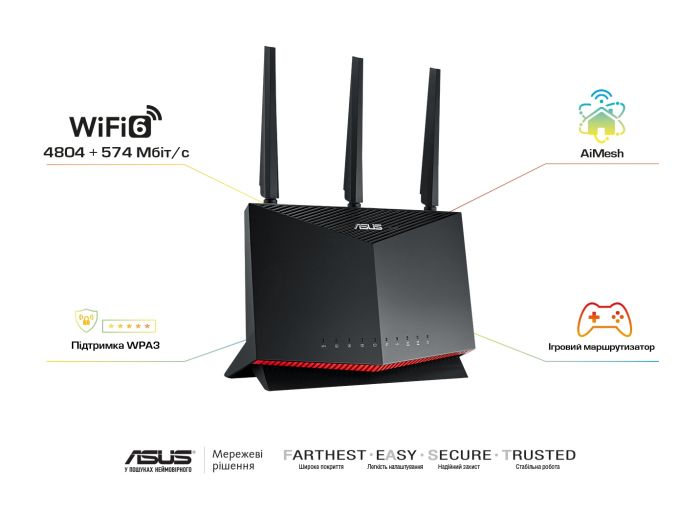 Маршрутизатор ASUS RT-AX86S AX5700 4xGE LAN 1xGE WAN 2xUSB3.2 MU-MIMO OFDMA MESH