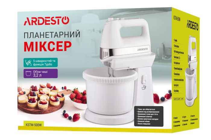 Міксер з чашею Ardesto KSTM-500W - 500Вт/5 швидк.+турбо/ 2 віничка/2 гачка/білий