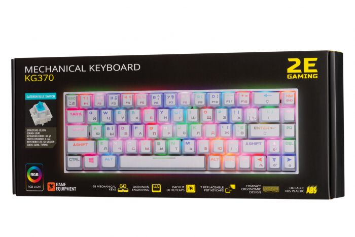 Клавіатура 2E GAMING KG370 RGB 68key Gateron Blue Switch USB White UKR
