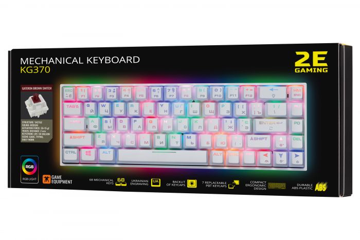 Клавіатура 2E GAMING KG370 RGB 68key Gateron Brown Switch USB White UKR
