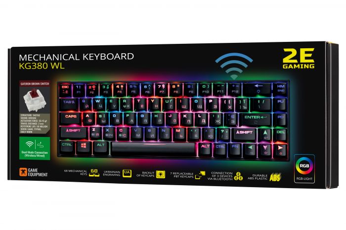 Клавіатура 2E GAMING KG380 RGB 68key Gateron Brown Switch BT/USB Black UKR
