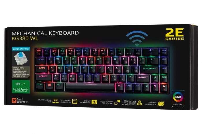 Клавіатура 2E GAMING KG380 RGB 68key Gateron Blue Switch BT/USB Black UKR