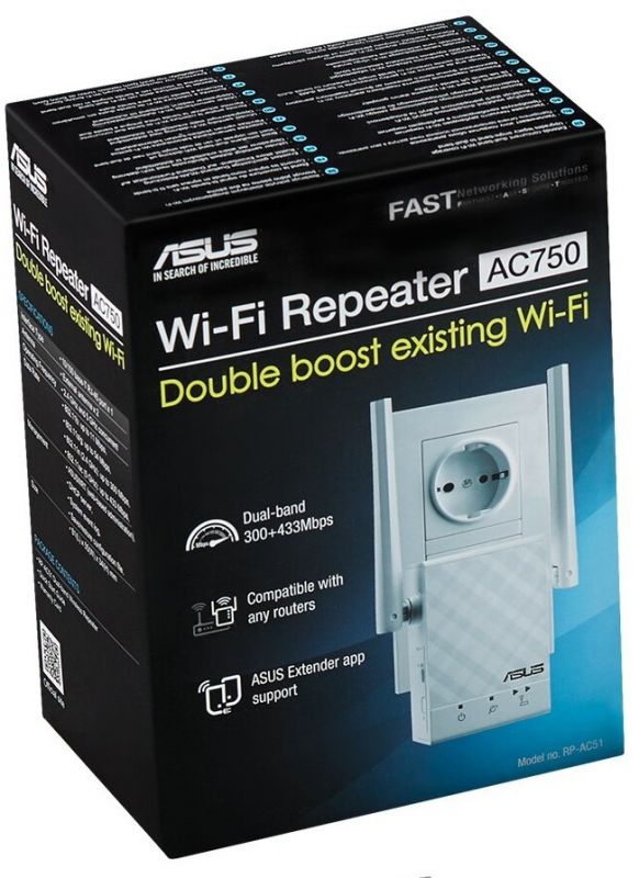 Повторювач Wi-Fi сигналу ASUS RP-AC51 AC750 1xFE LAN ext. ant 2