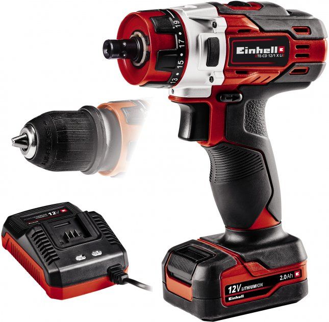 Шуруповерт-дриль Einhell TE-CD 12/1 X-Li, 12В, 2 Аг, 0-400/01400 об/хв, 0.8-10мм, 1.16 кг