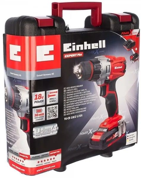 Шуруповерт-дриль Einhell TE-CD 18/2 Li Kit, PXC, акум., 2х18В 1.5Ah, ШЗП, 44Нм, 350/1250 об/хв, 1.25кг