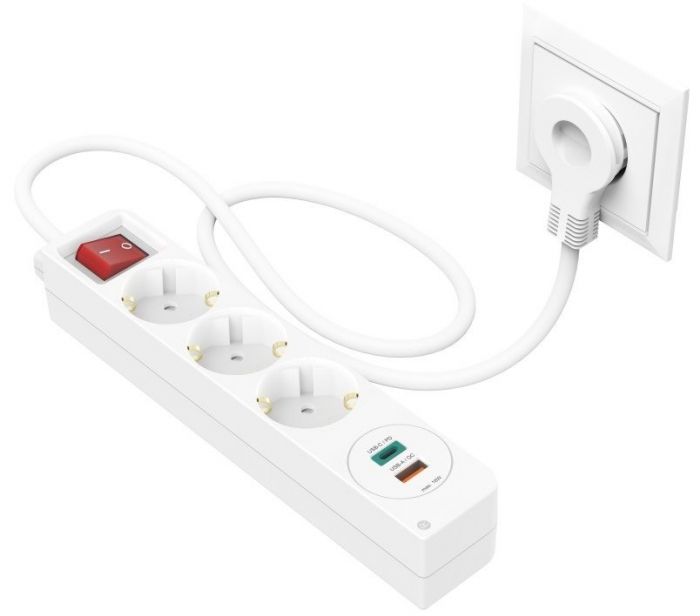 Мережевий подовжувач HAMA 3XSchuko 3G*1.5мм 1.4м USB-C/A, PD/QC White