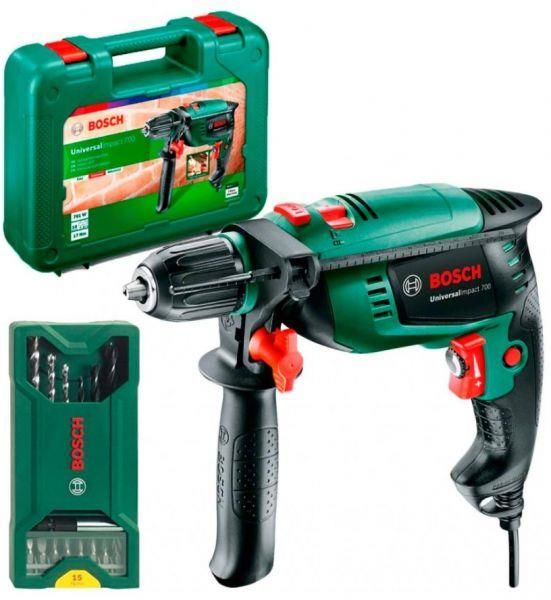 Дриль ударний Bosch UniversalImpact 700 X-line, 700Вт, ШЗП, 1.7кг, набір свердл і біт, кейс