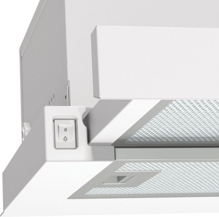 Вбудов.телескопічна витяжка Gorenje TH60E3W/ 60 см./3 швидк/350 м?/год./ алюм.фільтр/механіч упр (кнопочне)/LED/білий