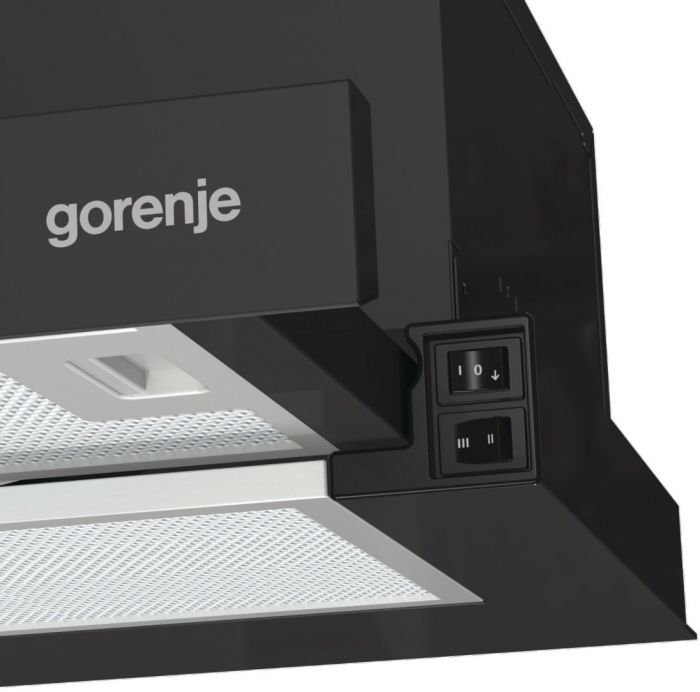 Вбудов. телескопічна витяжка Gorenje TH60E3B/ 60 см./3 швидкості/350 м?/год./ алюм.фільтр/механіч.упр/LED/чорний