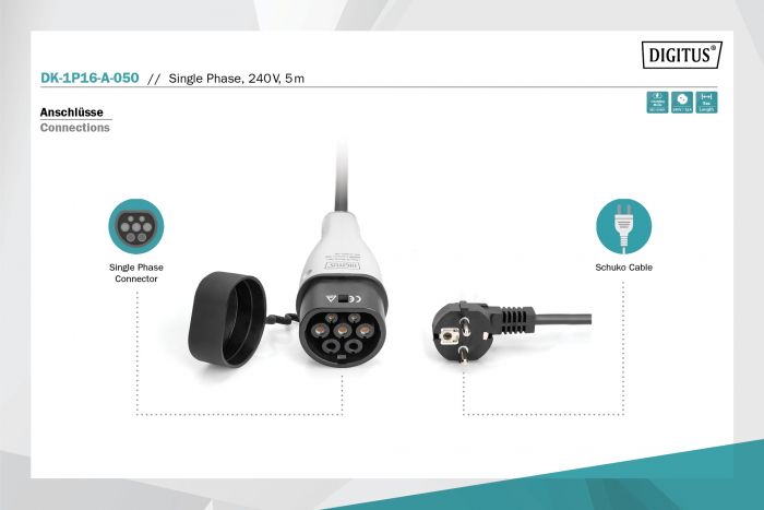 Кабель зарядний DIGITUS EV Single Phase, 230V, 8-16А, 5 m, Schuko to Type 2, з блоком керування та індикуації заряду