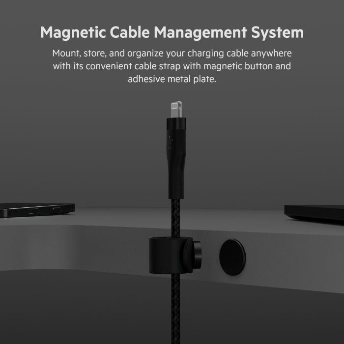 Кабель Belkin USB-С - Lightning плетений, силіконовий, з ремінцем на магніті, 1м, чорний