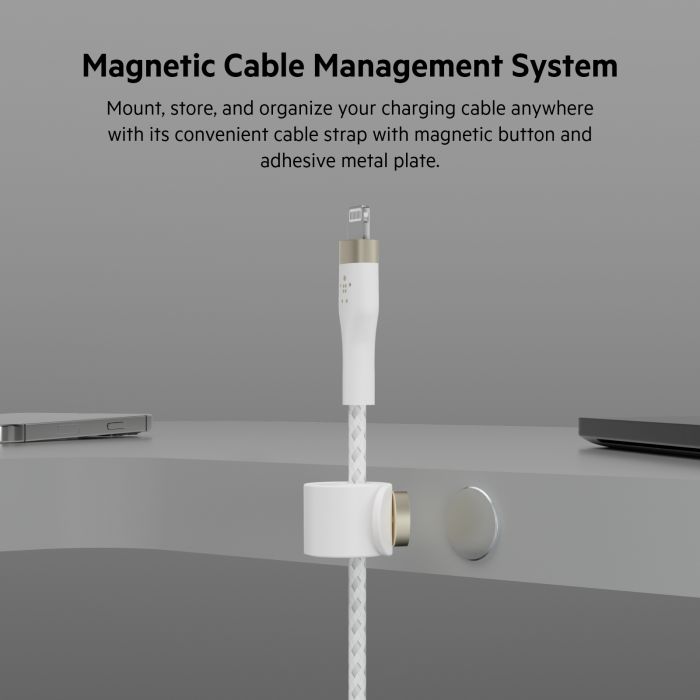 Кабель Belkin USB-С - Lightning плетений, силіконовий, з ремінцем на магніті, 1м, білий