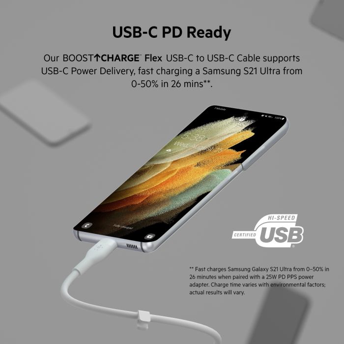 Кабель Belkin USB-С - USB-C силіконовий, з кліпсою, 2м, білий
