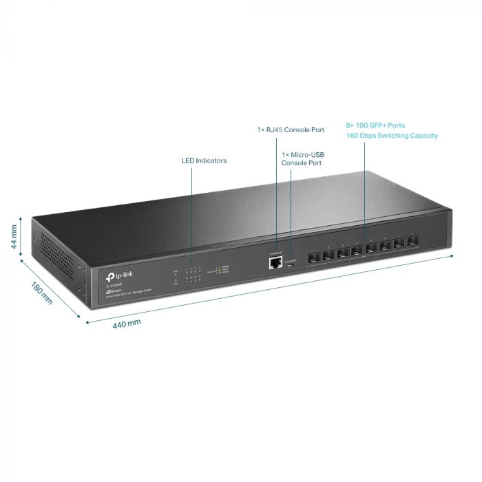 Комутатор TP-LINK TL-SX3008F 8xSFP+ (10GE) 1xRJ45 console+microUSB L2 JetStream 19" 1U